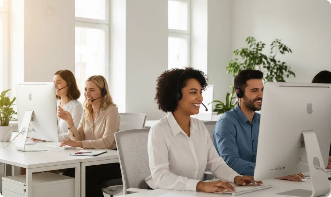 Support agents wearing headsets working at computers in an open-plan office